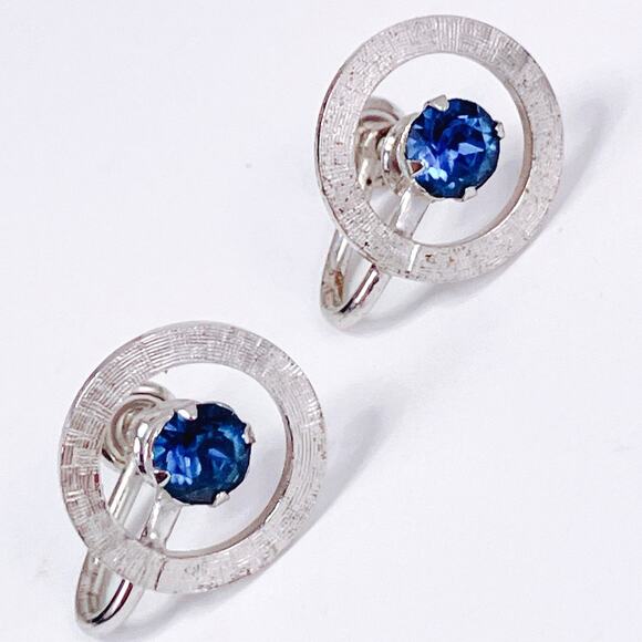 VTG Sterling Silver 50s Signed A&Z Earrings Blue Rhinestone Modernist Screw Back - Picture 3 of 11
